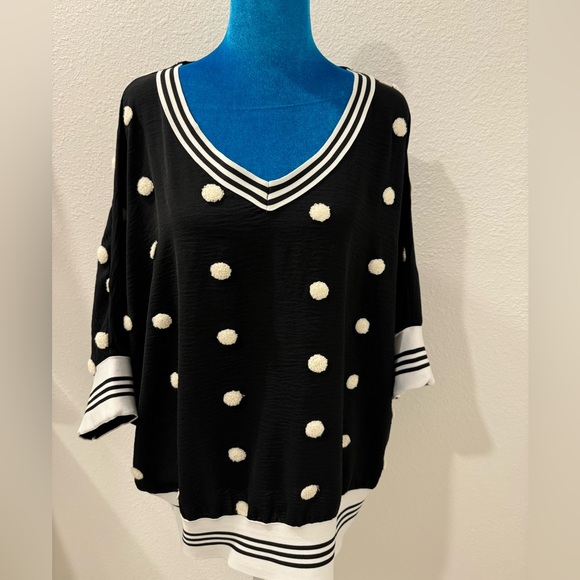 Black and White Polka Dot V-Neck Sweater - Picture 1 of 6